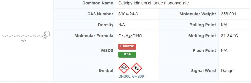 Cetylpyridinium Chloride Monohydrate; Pyridinium, 1-Hexadecyl-, Chloride, Monohydrate; 6004-24-6